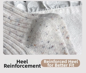 Close-up of reinforced heel and speckled wool knit texture on warm winter calf socks