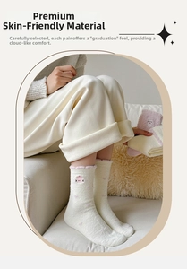 Close-up of plush thermal socks with pink cat embroidery and wavy cuffs for winter