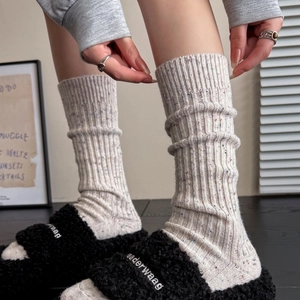 Women Winter Thick Wool Socks Speckled Nep Yarn Korean Slouch Socks Warm Ribbed Mid Calf Casual Knit Socks