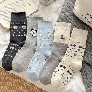Damen Mittelhohe Socken Gekämmte Baumwolle Vintage Fair Isle Cartoon Tier Bär Bestickte Atmungsaktiv