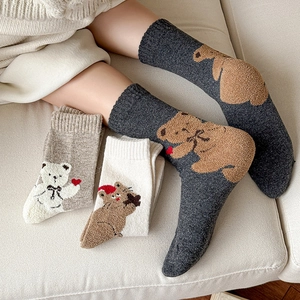 Warm wool blend crew socks with cute cartoon bear jacquard pattern for women