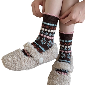 Vintage floral wool socks with plush Mary Jane shoes in a warm brown retro style