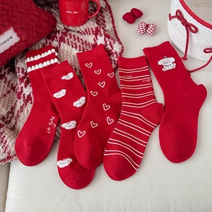 Women Mid-Calf Socks Red Combed Cotton Festive Cartoon Dog Heart Striped Warm Autumn Winter Breathable