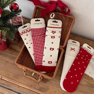 5-pack cute red and beige floral plaid crew socks with bear embroidery and ruffle trim