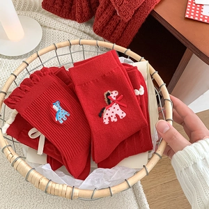 Red knit crew socks with cute animal embroidery and sweet lace trim for New Year