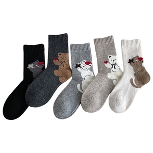 Five-pair set of cute wool blend socks with cartoon animal patterns in assorted neutral colors