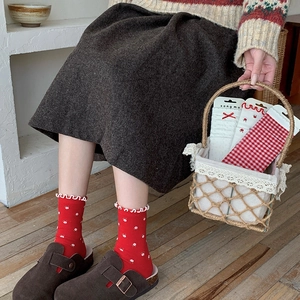 Cute red floral knit socks for women with vintage patterns and ruffled lace trim edges