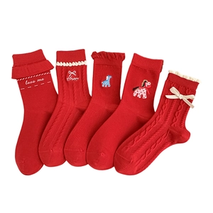 Five pairs of red festive cotton socks for girls with cute cartoon pony and lace bows