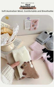 Detailed view of warm winter socks with cute cartoon animal patterns and plush fabric