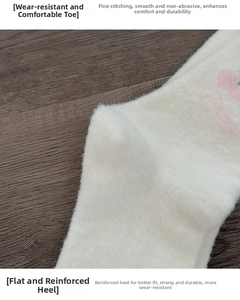 Detailed macro view of reinforced toe and heel on thick cream fluffy cat thermal socks