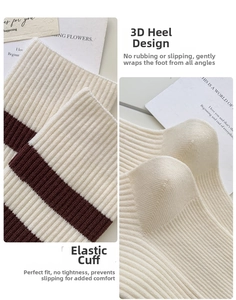 Détail du bord-côte et du talon 3D sur des chaussettes rayées en imitation cachemire