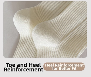 Detailed macro view of the reinforced heel design on these cream-white ribbed knit socks