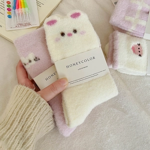 Thick coral fleece thermal socks for winter featuring cute bear and cat embroidery