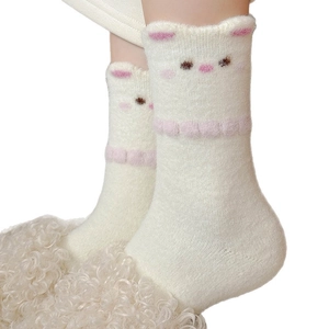 White fuzzy socks with cute cat embroidery and 3D ears in soft thermal fleece