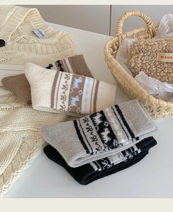 Dettaglio ravvicinato di calze in lana Fair Isle con motivi di alce e trama termica