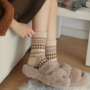 Calze spesse in lana da donna con motivo vintage a rombi e caldo design geometrico