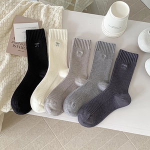 Women Mid Calf Socks Ribbed Knit Solid Color Bow Embroidery Warm Breathable Fashion Casual Crew Socks For Ladies