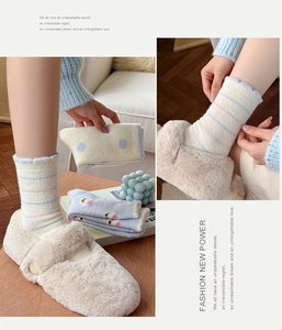 Close-up of thick plush socks featuring pastel dots and stripes in soft thermal fabric