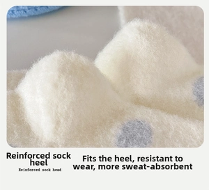 Detail of 3D contoured heel on white plush socks with blue polka dots for winter warmth