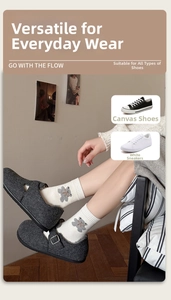 Détail de chaussettes en laine avec ours brodé et chaussures Mary Jane sur parquet