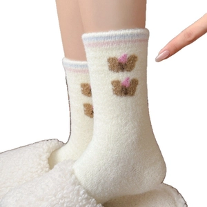 Thick warm coral fleece socks with cute bear embroidery and striped cuffs for women