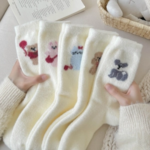 Chaussettes Mi-Mollet Femmes Épaisses Chaudes Polaire Corail Hiver Maison Sommeil Broderie Animal Dessin Animé Kawaii Douces