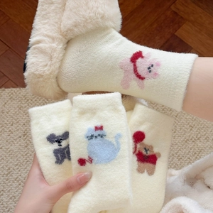 Chaussettes d'hiver épaisses en peluche blanc crème avec broderies d'animaux