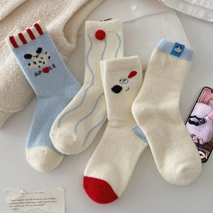 Women Winter Warm Australian Velvet Thickened Mid Tube Socks Cartoon Dog Pattern Soft Fleece Sleep Hosiery Preppy Style