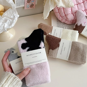 Thick warm velvet crew socks with cute cartoon animal patterns and cozy soft texture