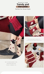 Close-up of knit wool socks featuring cute cartoon cat patterns and red diamond textures