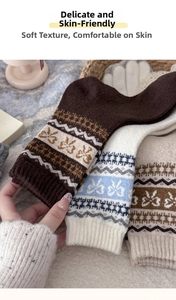 Detailed view of Fair Isle wool socks with snowflake patterns and soft knitted texture