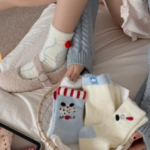 Thick plush cartoon dog socks in soft macaron colors for women homewear and sleeping