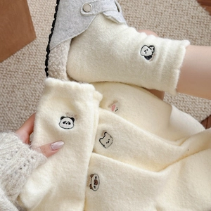 Chaussettes d'hiver épaisses et chaudes avec motifs d'animaux brodés en blanc crème