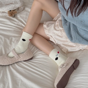 Plush Mary Jane shoes and cute embroidered crew socks for cozy winter home wear