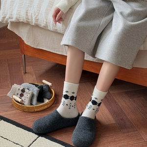 Vintage argyle wool socks for women in beige and red, thick knit for winter warmth