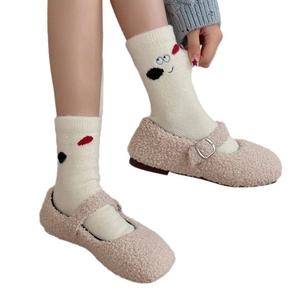 Winter fleece thermal socks with cute cartoon puppy embroidery and plush Mary Jane shoes