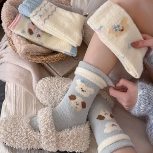 Thick warm winter thermal socks with cute cartoon puppy design in soft coral fleece