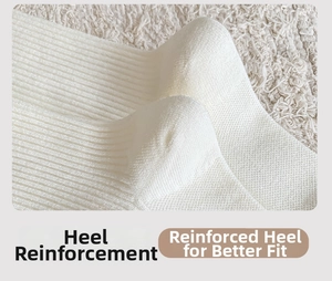 Macro detail of reinforced heel on white ribbed cashmere calf socks for durability