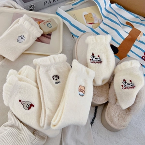 Women Plush Fleece Mid Calf Socks Thickened Warm Winter Ruffle Cuff Cartoon Animal Embroidery Kawaii Sleep Hosiery