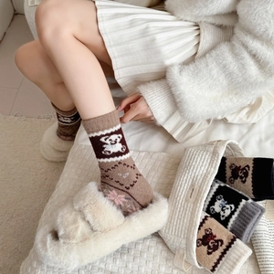 Dicke Wollsocken für Damen mit süßem Bären-Jacquard und Vintage Fair Isle-Muster für Winter