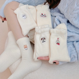 Five-pack of white thick thermal coral fleece socks with cute cartoon animal embroidery