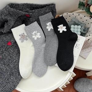 Chaussettes Mi-Mollet Femme Ours Dessin Animé Nœud Épaissies Chaud Automne Hiver Mélange Laine Polyester Chaussettes Tricotées