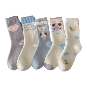 Five pairs of thick thermal fleece socks for women featuring cute cartoon dog and heart patterns