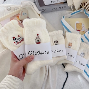 Plush cream fleece socks with cute animal embroidery and soft thermal texture