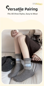 Detail of wool socks with blue bow and snowflake knit pattern worn with felt slippers