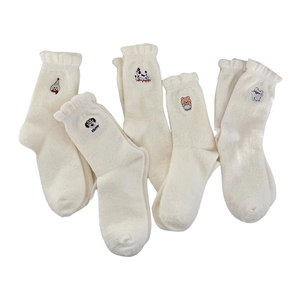 Five pairs of plush cream white thermal socks with cute animal embroidery and ruffled cuffs