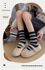 Thick stripe wool socks in warm knit texture shown in a cozy home setting for winter