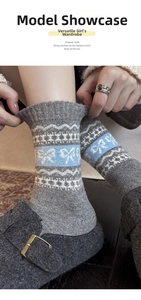 Close-up of Fair Isle wool socks featuring blue bow patterns and thick knit texture