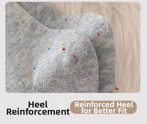 Close-up of wool socks featuring reinforced heels and colorful flecked knit texture
