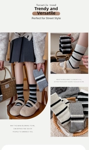 Close-up of thick striped wool socks with fluffy texture worn with Mary Jane shoes